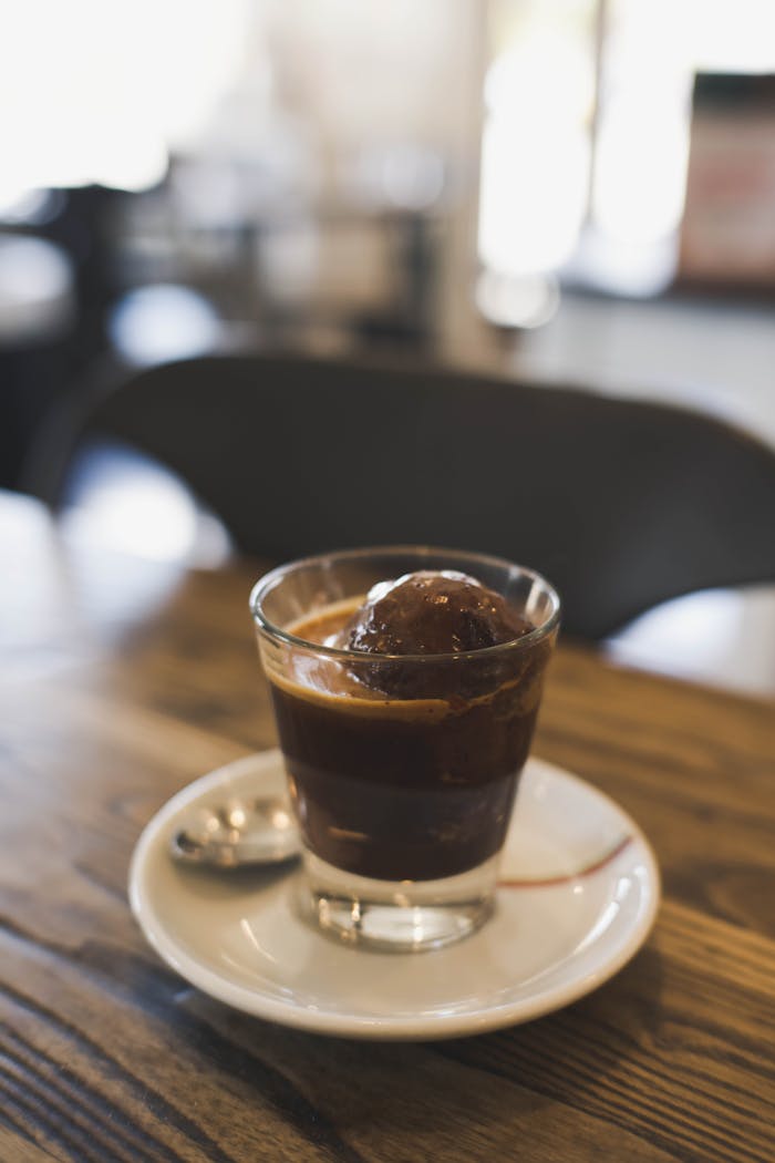 Close-up of rich affogato with espresso in a cozy cafe.